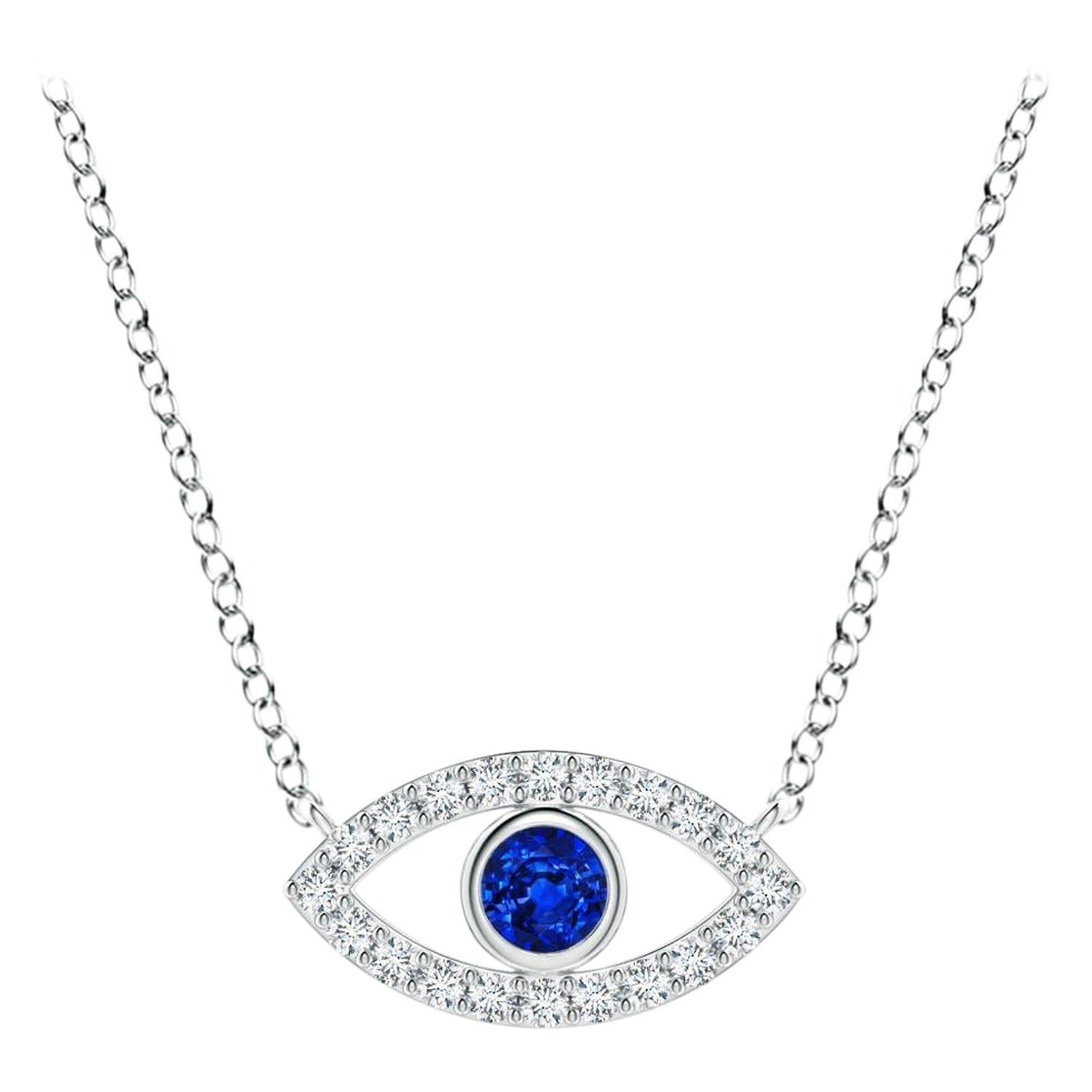 Natural Sapphire Evil Eye Pendant with Diamond in 14K White Gold 2.5mm