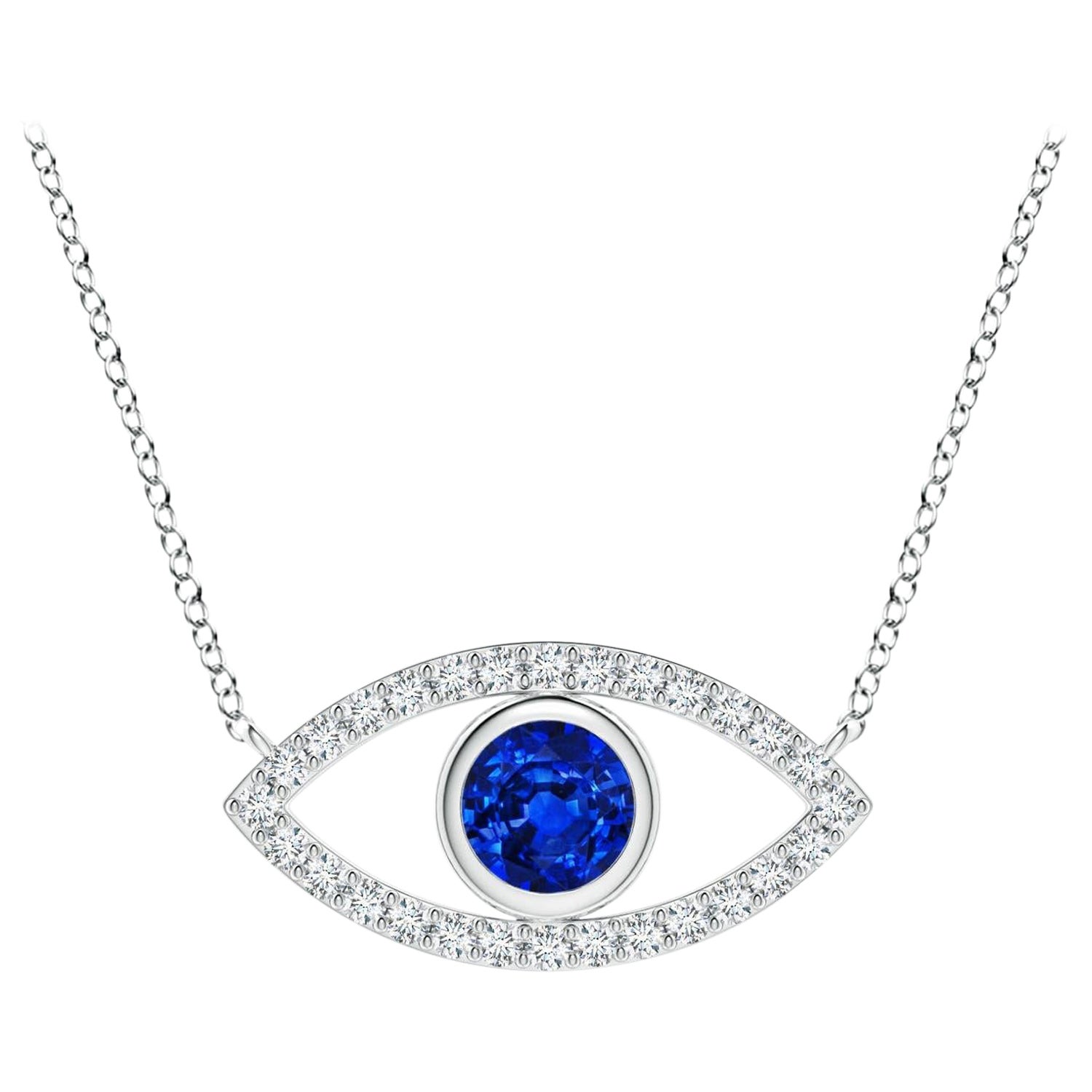Natural Sapphire Evil Eye Pendant with Diamond in 14K White Gold 4.5mm