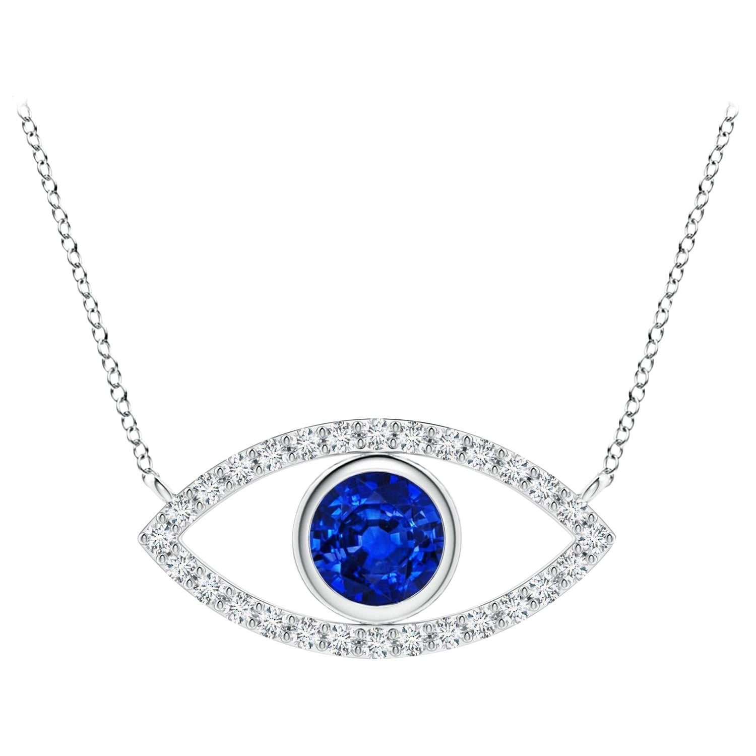 Natural Sapphire Evil Eye Pendant with Diamond in 14K White Gold 5.5mm For Sale