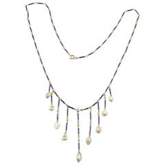Victorian 14k Yellow Gold Festoon Style Blue Enamel and Natural Pearl Necklace