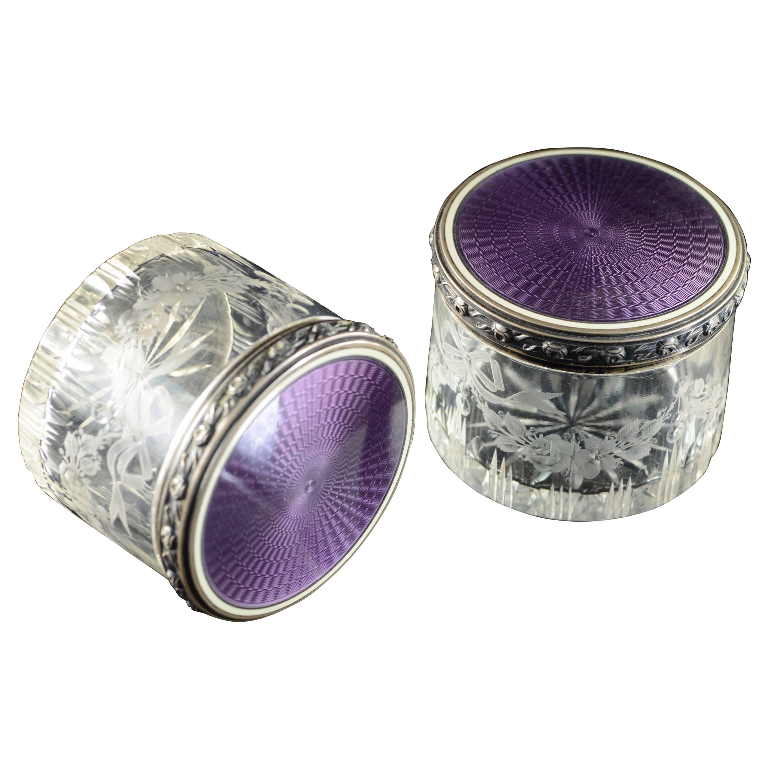 Vintage French Exquisite Purple Enamel Sterling Jars