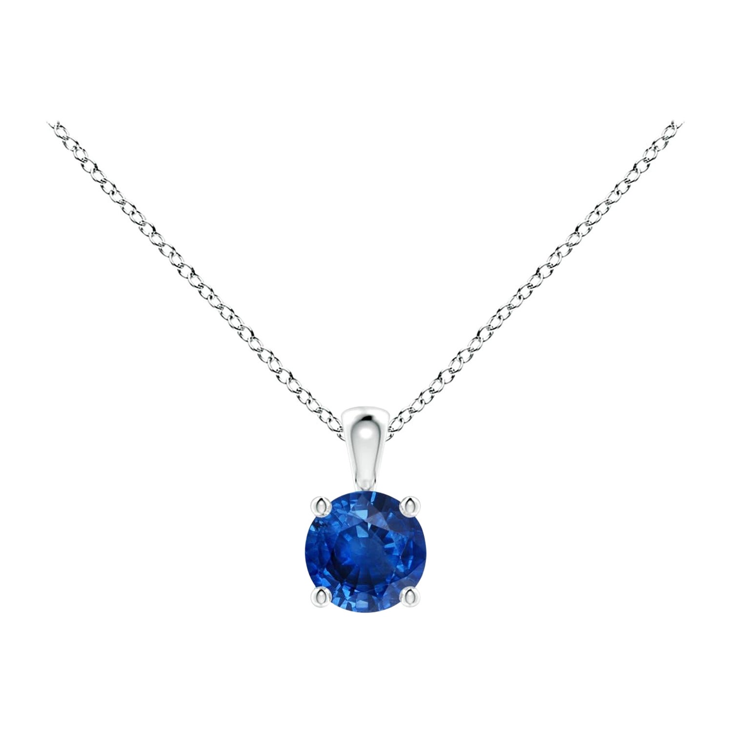 Natural Round Blue Sapphire Solitaire Pendant in 14K White Gold Size-4mm For Sale