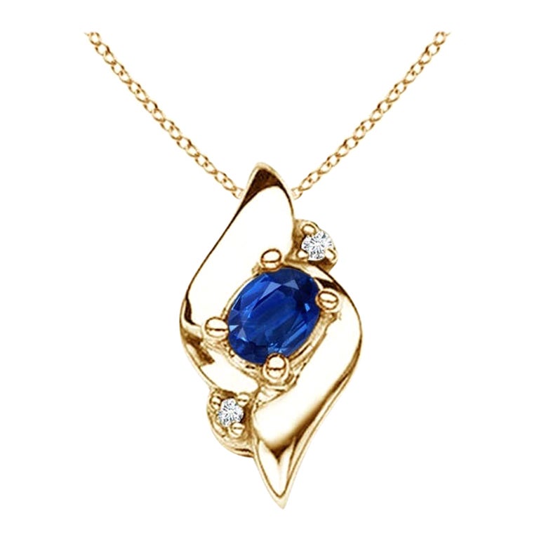 Natural Oval Sapphire and Diamond Pendant in 14K Yellow Gold (Size-4x3mm) For Sale