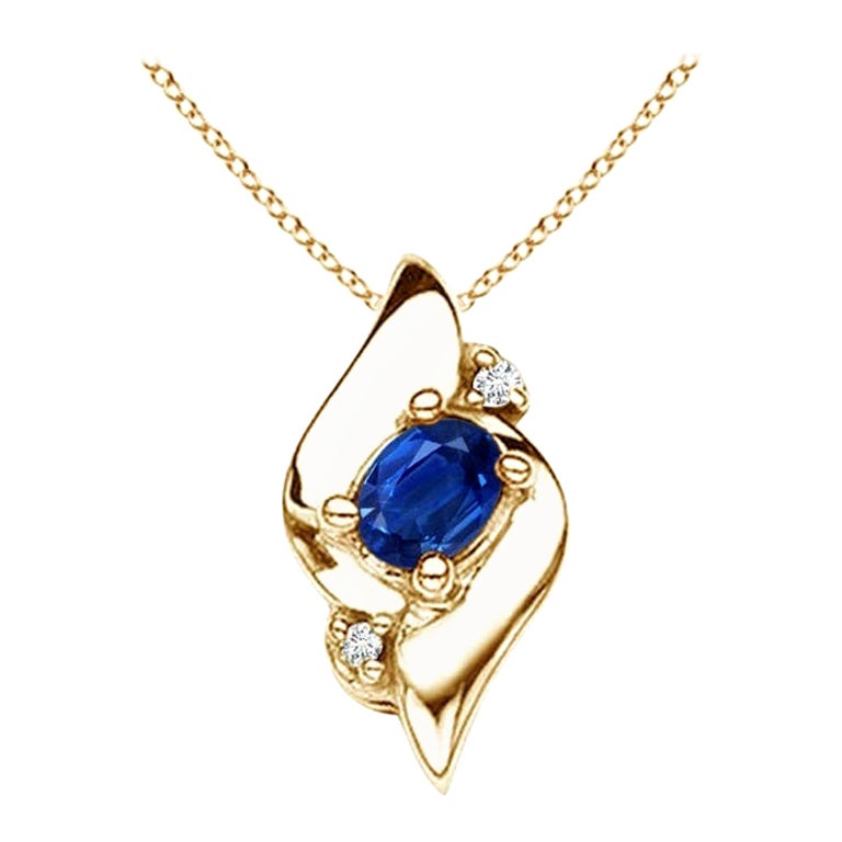 Colgante de Zafiro Ovalado Natural y Diamante en Oro Amarillo de 14K (Tamaño-4x3mm)