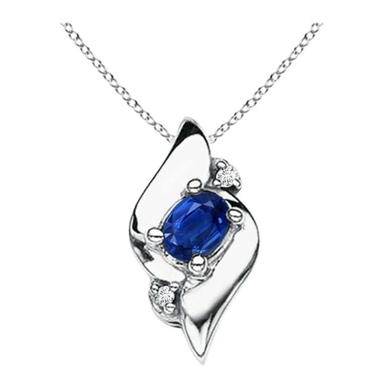 Natural Oval Sapphire and Diamond Pendant in 14K White Gold (Size-4x3mm) For Sale