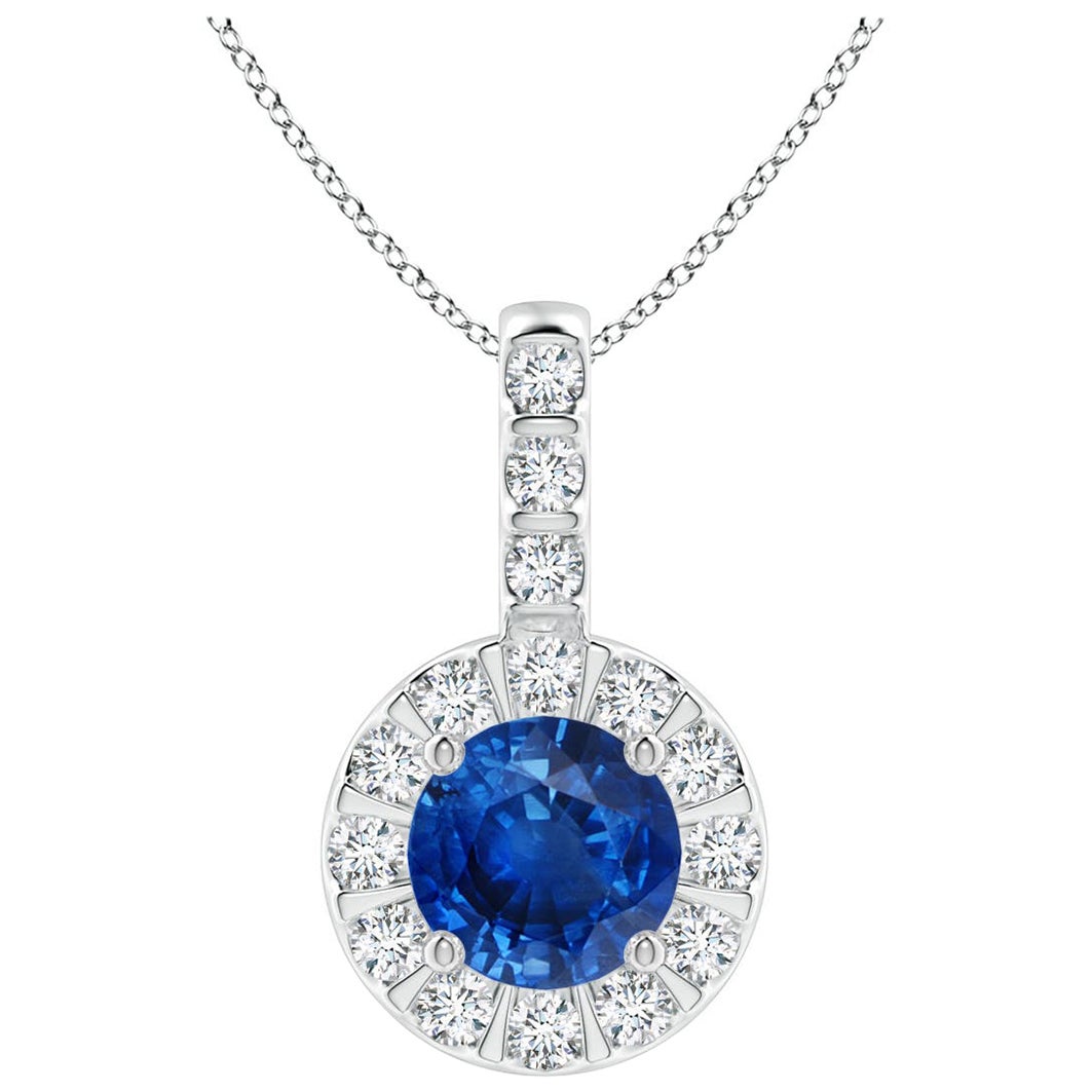 ANGARA Natural 0.60ct Blue Sapphire Pendant with Diamond Halo in 14K White Gold For Sale