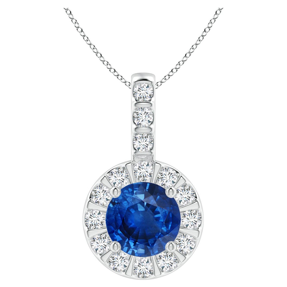 ANGARA Pendentif en or blanc 14 carats avec saphir bleu naturel de 1 carat et halo de diamants