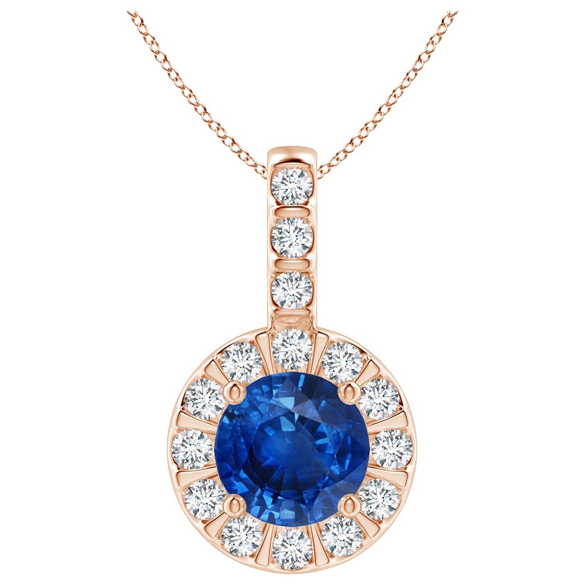 ANGARA Natural 1ct Blue Sapphire Pendant with Diamond Halo in 14K Rose Gold For Sale