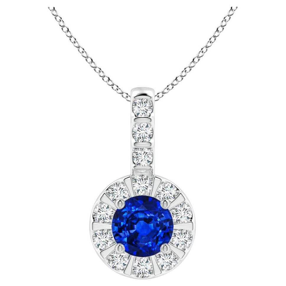 ANGARA Pendentif en or blanc 14 carats avec saphir bleu naturel de 0,33 carat et halo de diamants