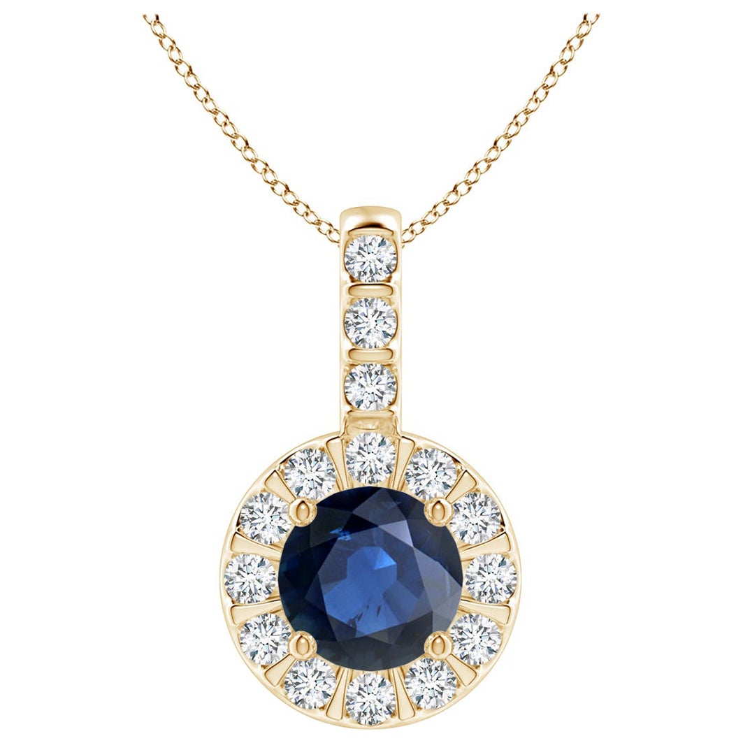 ANGARA Natural 0.60ct Blue Sapphire Pendant with Diamond Halo in 14K Yellow Gold For Sale