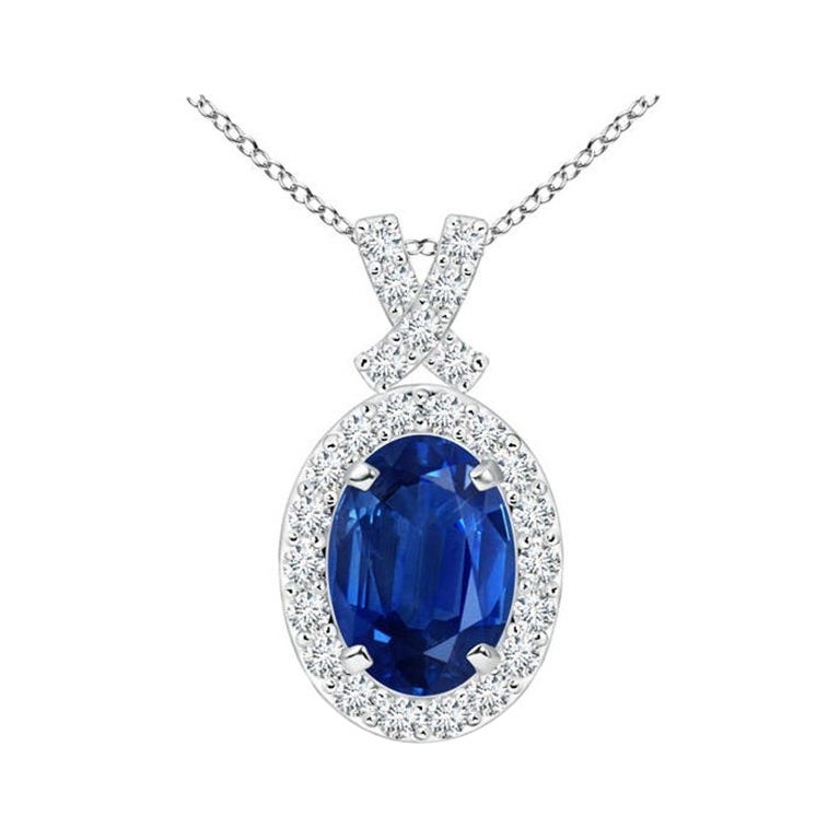 ANGARA Natural 0.85ct Blue Sapphire Pendant with Diamond Halo in Platinum For Sale