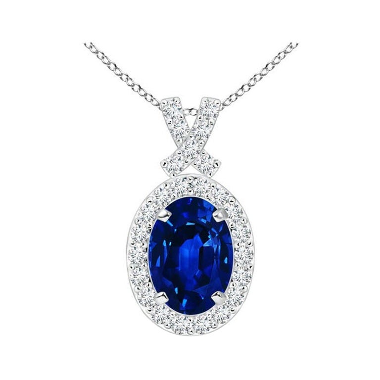 ANGARA Natural 0.85ct Blue Sapphire Pendant with Diamond Halo in Platinum For Sale