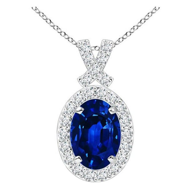ANGARA Natural 0.85ct Blue Sapphire Pendant with Diamond Halo in Platinum For Sale