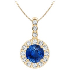 ANGARA Natural 1ct Blue Sapphire Pendant with Diamond Halo in 14K Yellow Gold