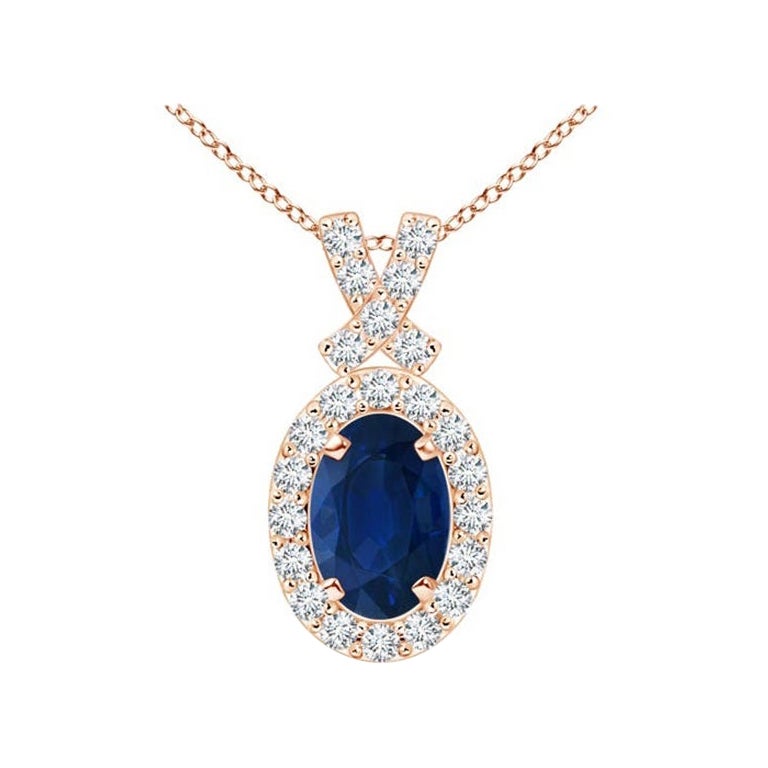 ANGARA Natural 0.60ct Blue Sapphire Pendant with Diamond Halo in 14K Rose Gold  For Sale