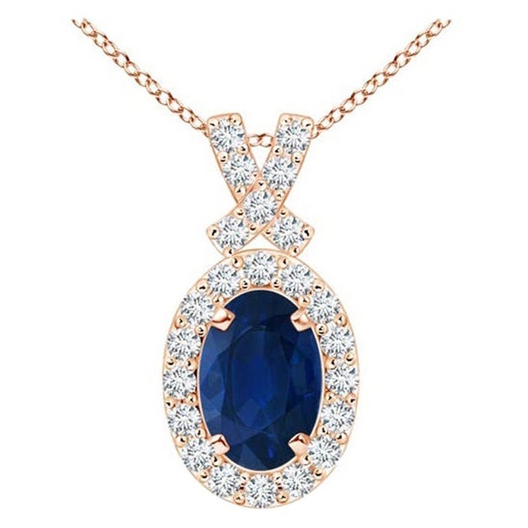 ANGARA Natural 0.60ct Blue Sapphire Pendant with Diamond Halo in 14K Rose Gold