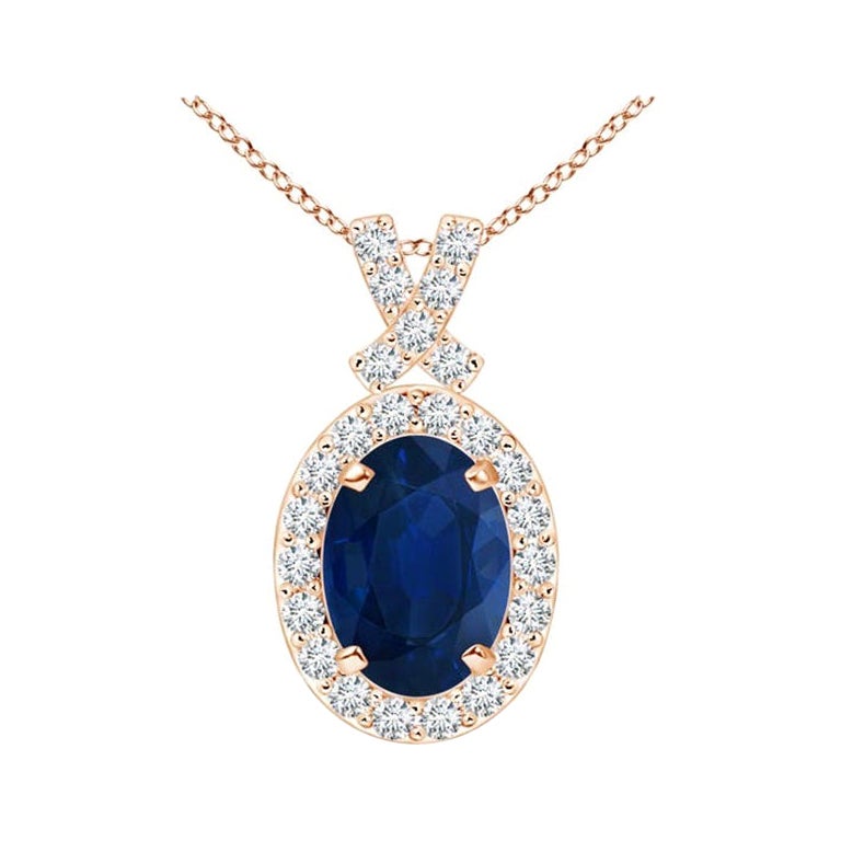 ANGARA Pendentif en or rose 14 carats avec saphir bleu naturel de 0,85 carat et halo de diamants en vente