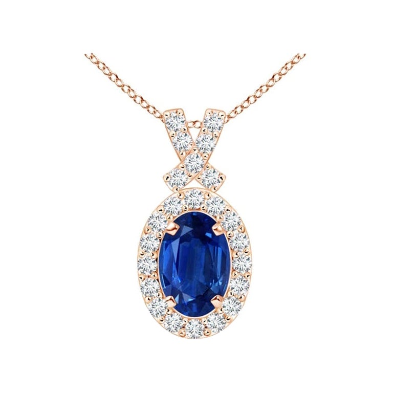 ANGARA Natural 0.60ct Blue Sapphire Pendant with Diamond Halo in 14K Rose Gold For Sale