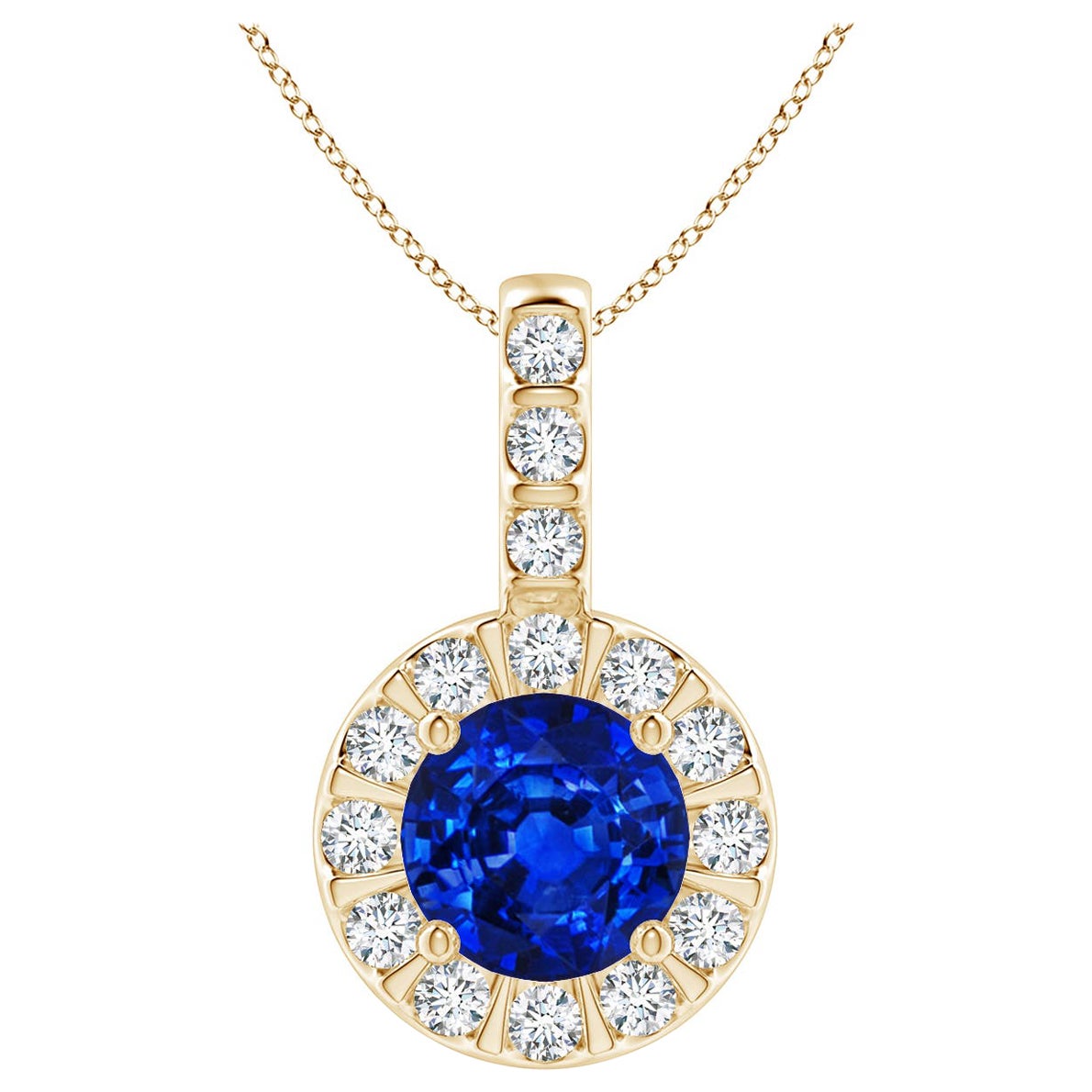 ANGARA Natural 1ct Blue Sapphire Pendant with Diamond Halo in 14K Yellow Gold For Sale