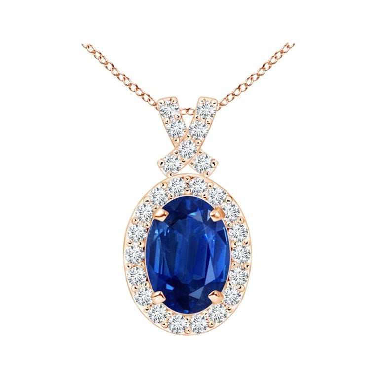 ANGARA Natural 0.85ct Blue Sapphire Pendant with Diamond Halo in 14K Rose Gold For Sale