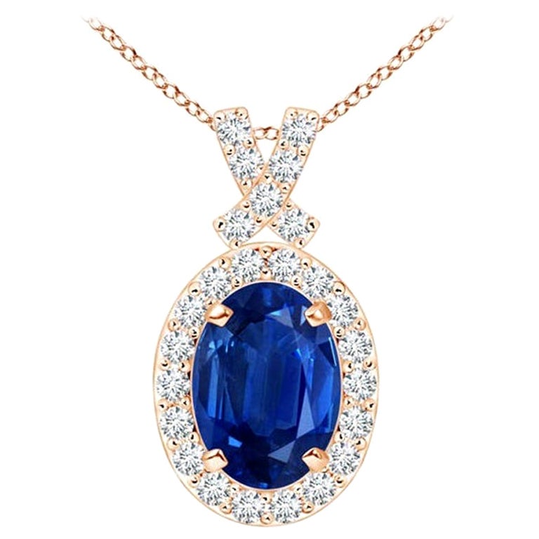 ANGARA Natural 0.85ct Blue Sapphire Pendant with Diamond Halo in 14K Rose Gold