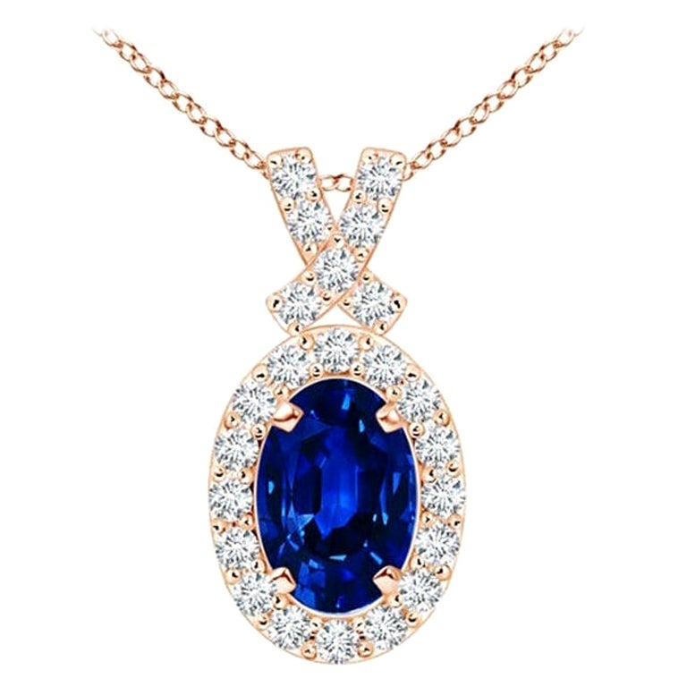 ANGARA Natural 0.60ct Blue Sapphire Pendant with Diamond Halo in 14K Rose Gold