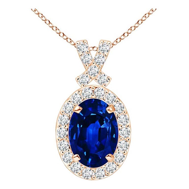 ANGARA Natural 0.85ct Blue Sapphire Pendant with Diamond Halo in 14K Rose Gold