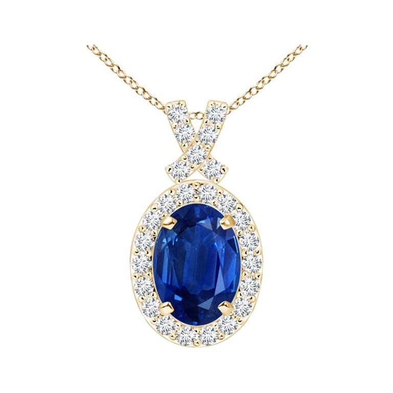 ANGARA Pendentif en or jaune 14 carats avec saphir bleu naturel de 0,85 carat et halo de diamants