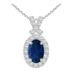 ANGARA Natural 0.60ct Blue Sapphire Pendant with Diamond Halo in 14K White Gold