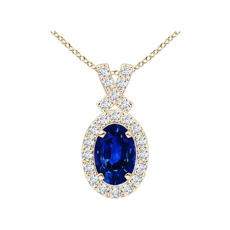 ANGARA Pendentif en or jaune 14 carats avec saphir bleu naturel de 0,60 carat et halo de diamants