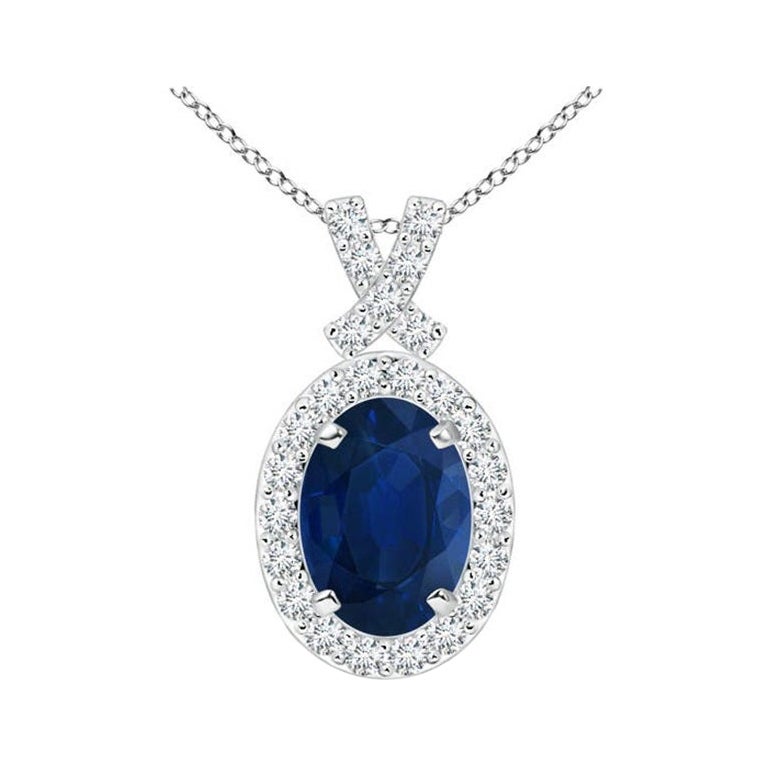 ANGARA Pendentif en or blanc 14 carats avec saphir bleu naturel de 0,85 carat et halo de diamants
