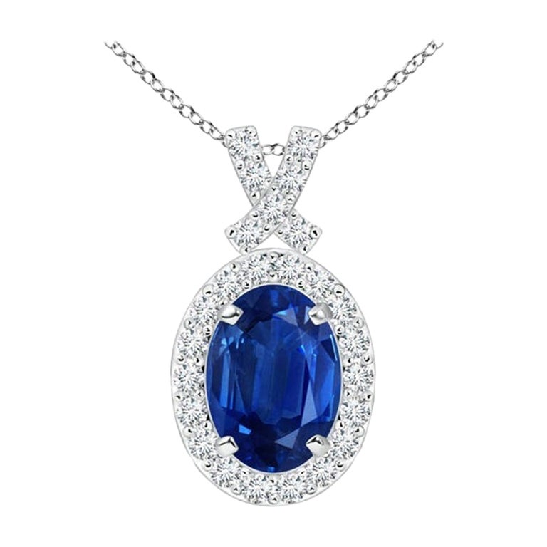 ANGARA Natural 0.85ct Blue Sapphire Pendant with Diamond Halo in 14K White Gold