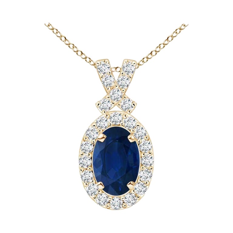 ANGARA Natural 0.60ct Sapphire Pendant with Diamond Halo in 14K Yellow Gold For Sale