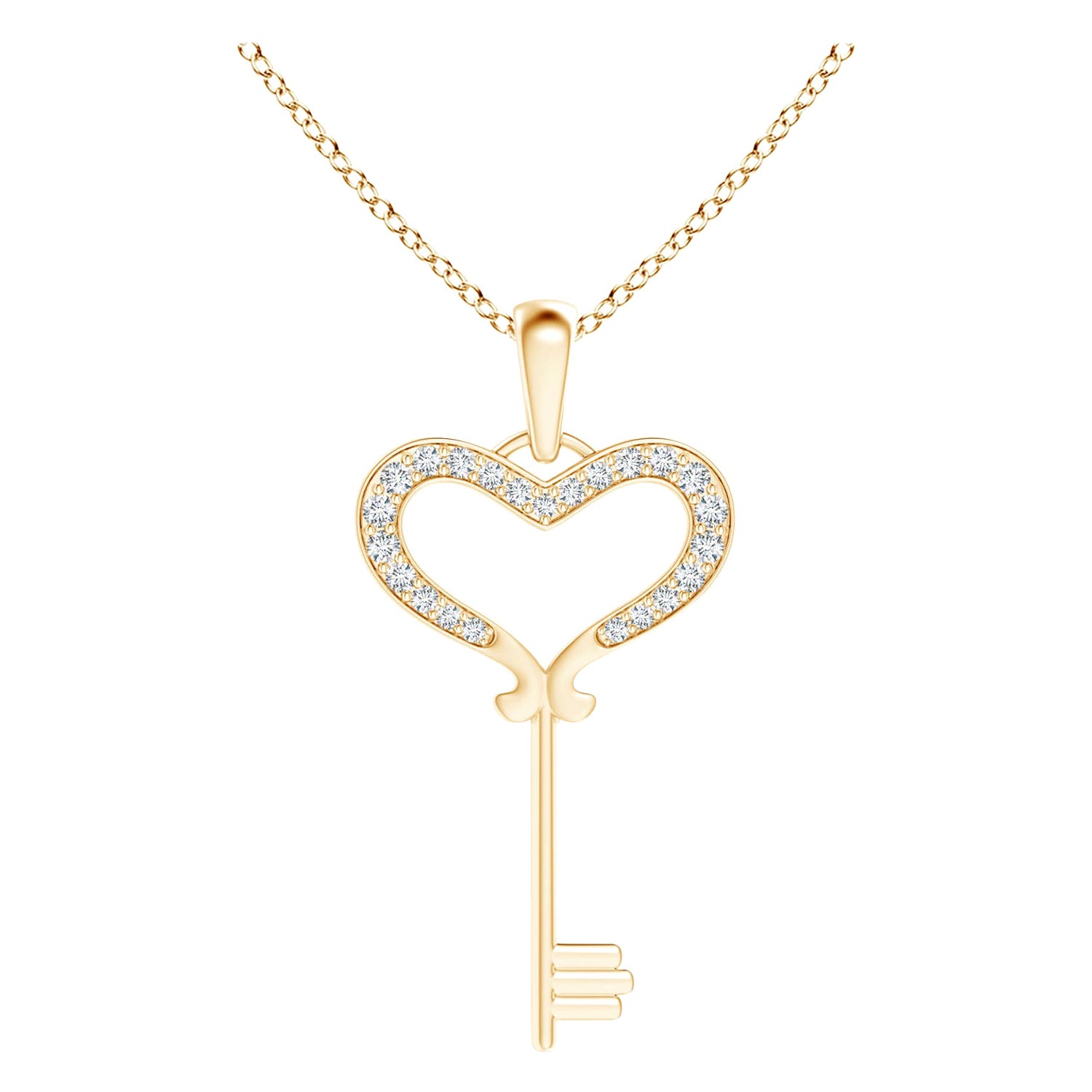 Natural Pave-Set Diamond Heart Key Pendant in 14K Yellow Gold Size-1.2mm For Sale