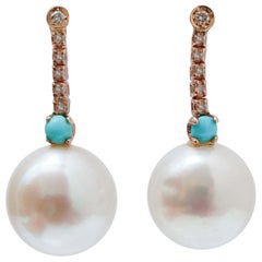 White Pearls, Turquoise, Diamonds, 14 Karat Rose Gold Tennis Earrings.