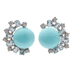 Retro Turquoise, Aquamarine, Diamonds, 18 Karat White Gold and Rose Gold Earrings.