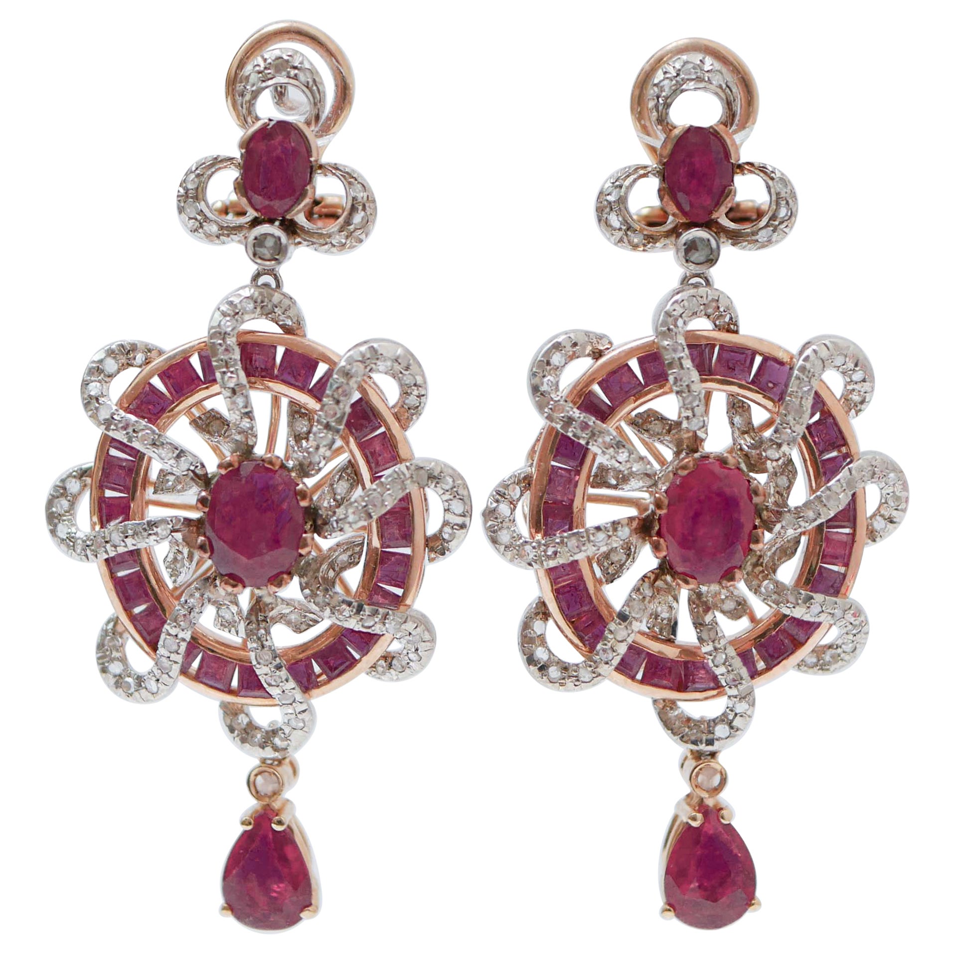 Rubies, Diamonds, Rose Gold and Silver Dangle Earrings.