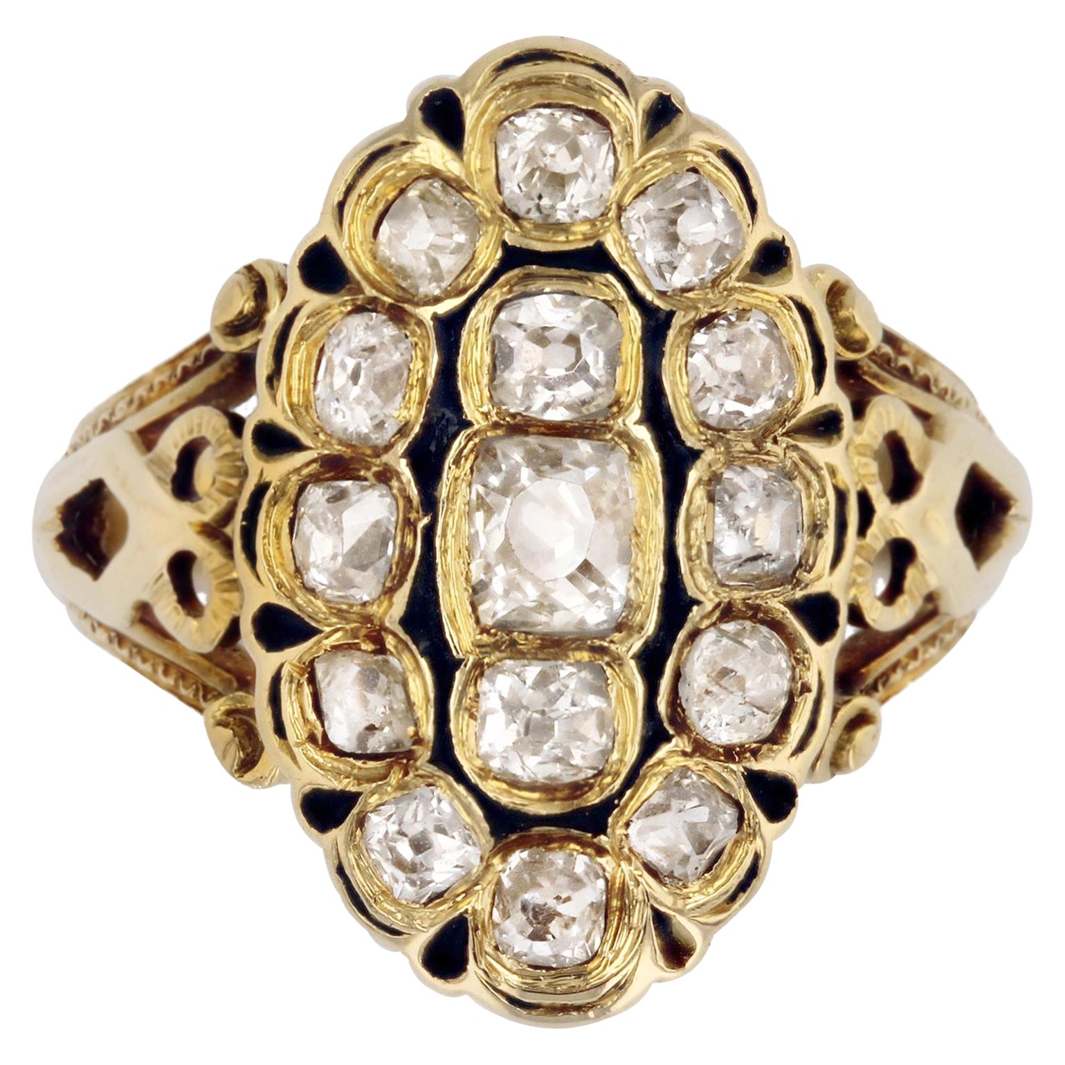 French 19th Century Diamonds Black Enamel Marquise Ring