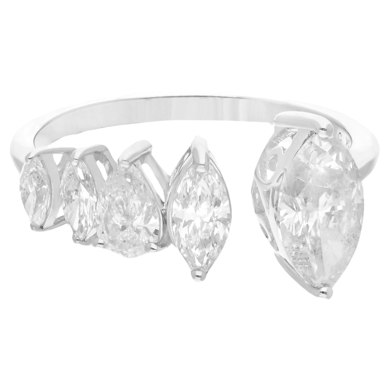Natural Marquise & Pear Diamond Cuff Ring 14 Karat White Gold Handmade Jewelry