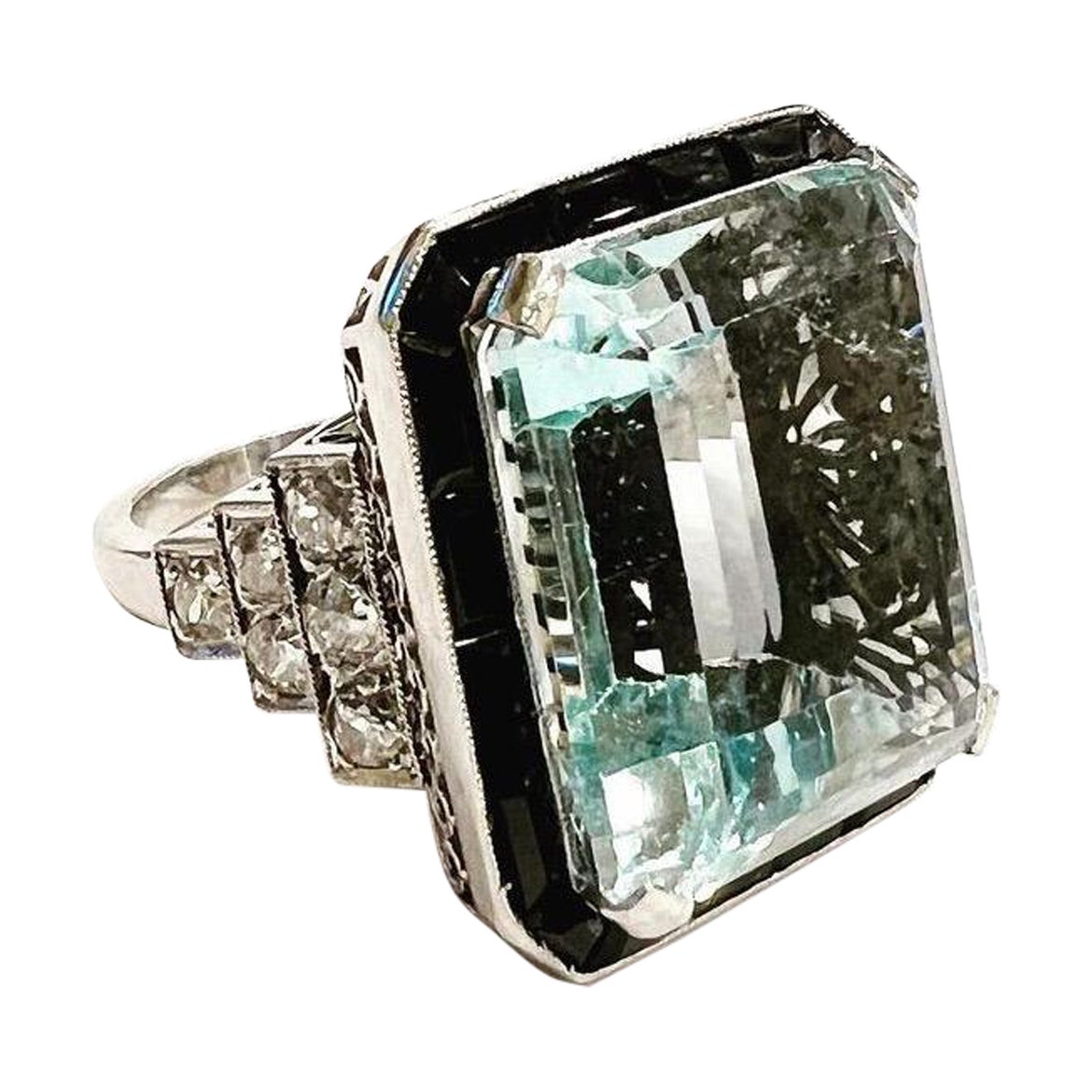 28 Carat Octagonal Cut Aquamarine Diamonds Onyx Platinum Cocktail  Ring