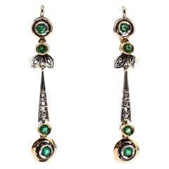 Art Deco Style White Rose Cut Diamond Emerald Yellow Gold Drop Earrings