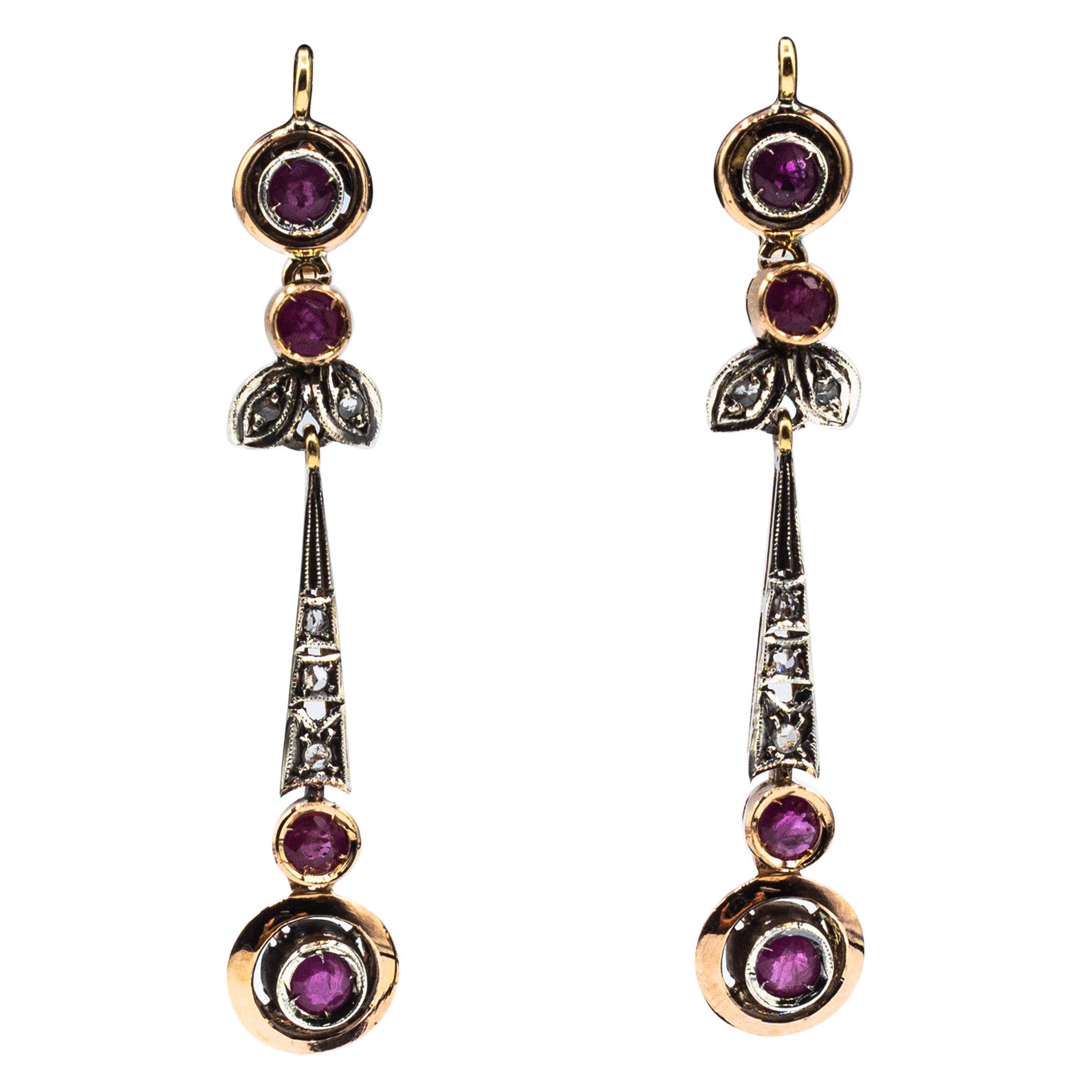 Art Deco Style White Rose Cut Diamond Ruby Yellow Gold Drop Earrings For Sale