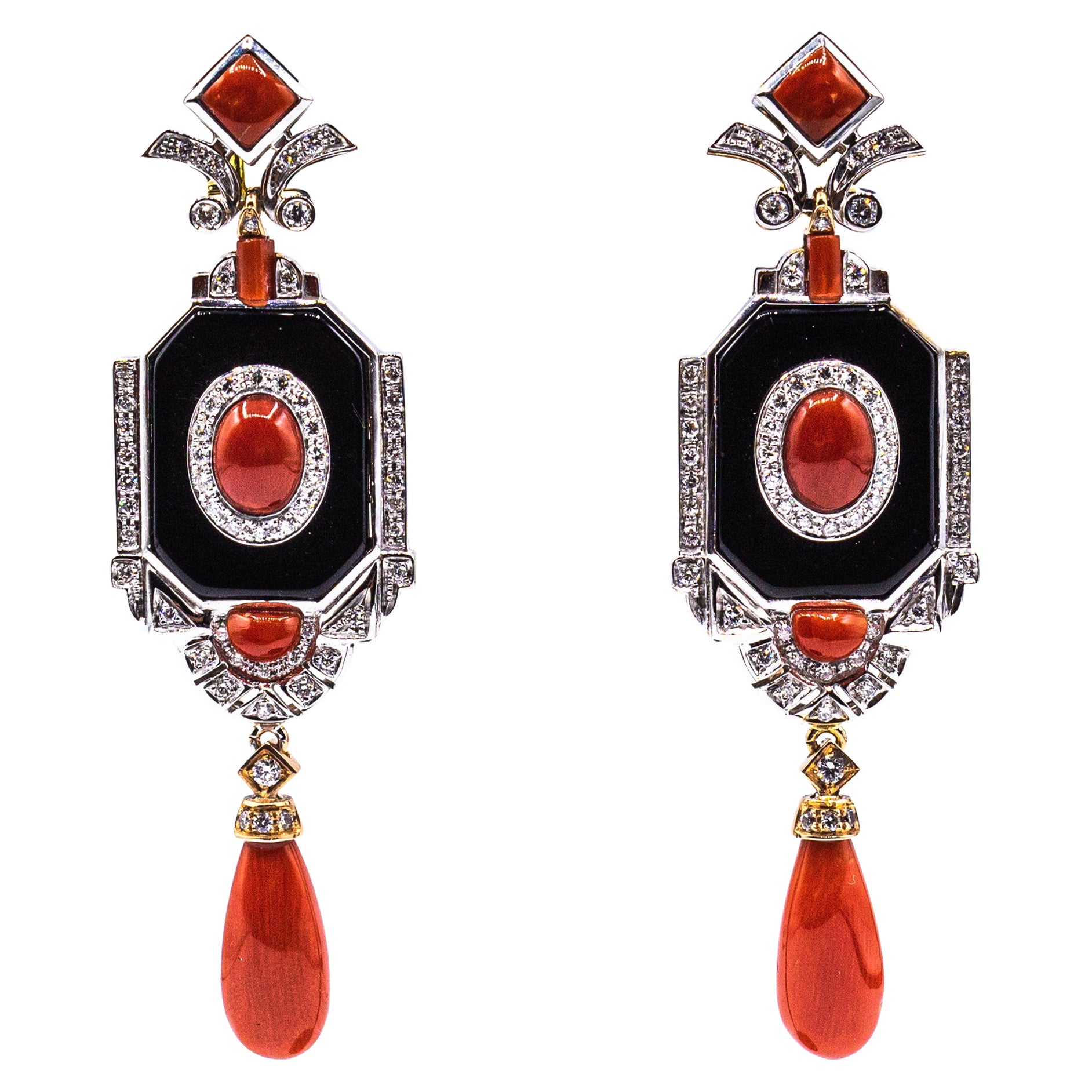 Onyx-Weißgold-Ohrringe im Art déco-Stil mit mediterraner roter Koralle und weißen Diamanten