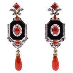 Vintage Art Deco Style Mediterranean Red Coral White Diamond Onyx White Gold Earrings