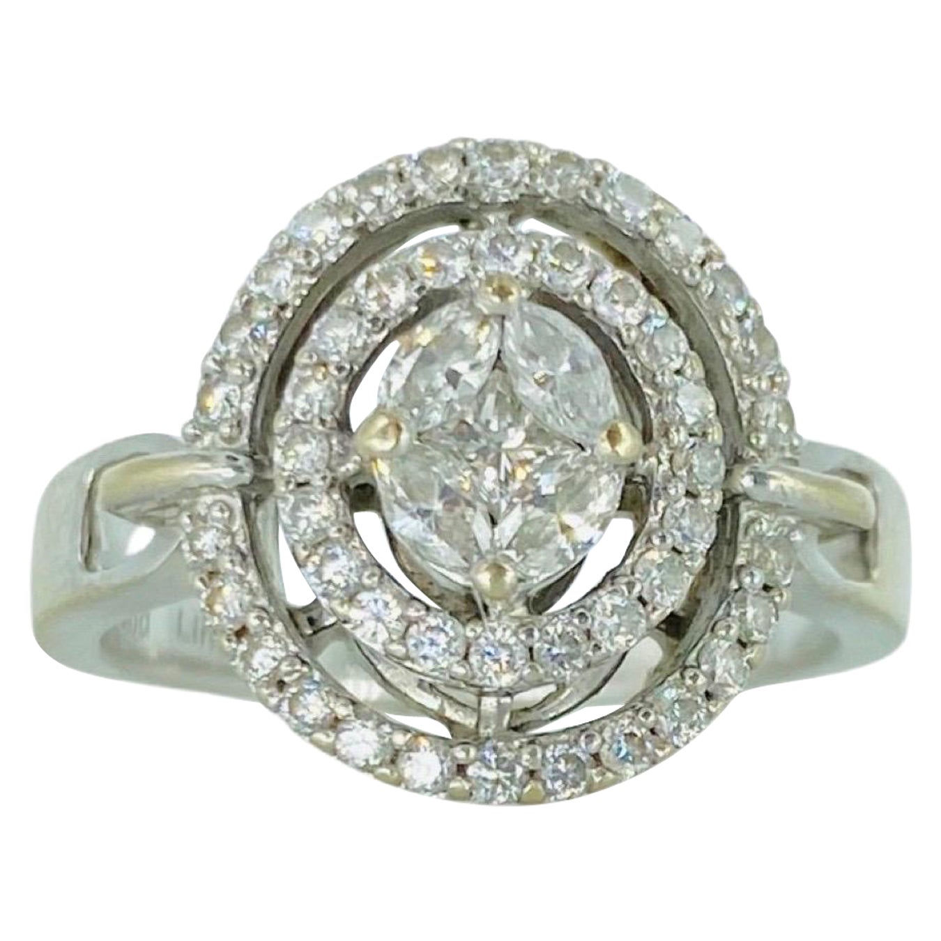 Diamond Line 0.71 Carat Diamond Double Halo Ring 18k White Gold For Sale