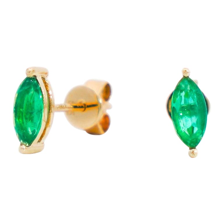 1/2 Carat Natural Emerald Marquise Cut 8MM Stud Earrings in 14K Yellow Gold For Sale