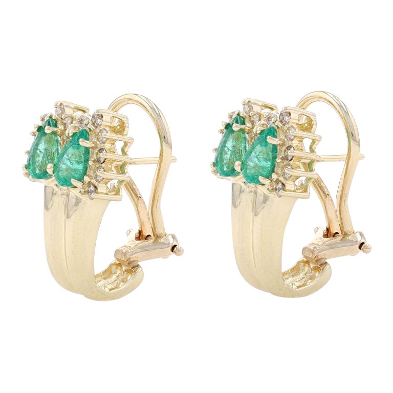 Yellow Gold Emerald & Diamond J-Hoop Earrings - 14k Pear 2.20ctw Leaves Pierced For Sale