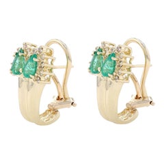 Yellow Gold Emerald & Diamond J-Hoop Earrings - 14k Pear 2.20ctw Leaves Pierced