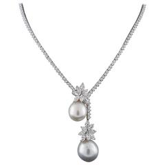 Diamond & South Sea Pearl 18K White Gold Tennis Drop Necklace 9