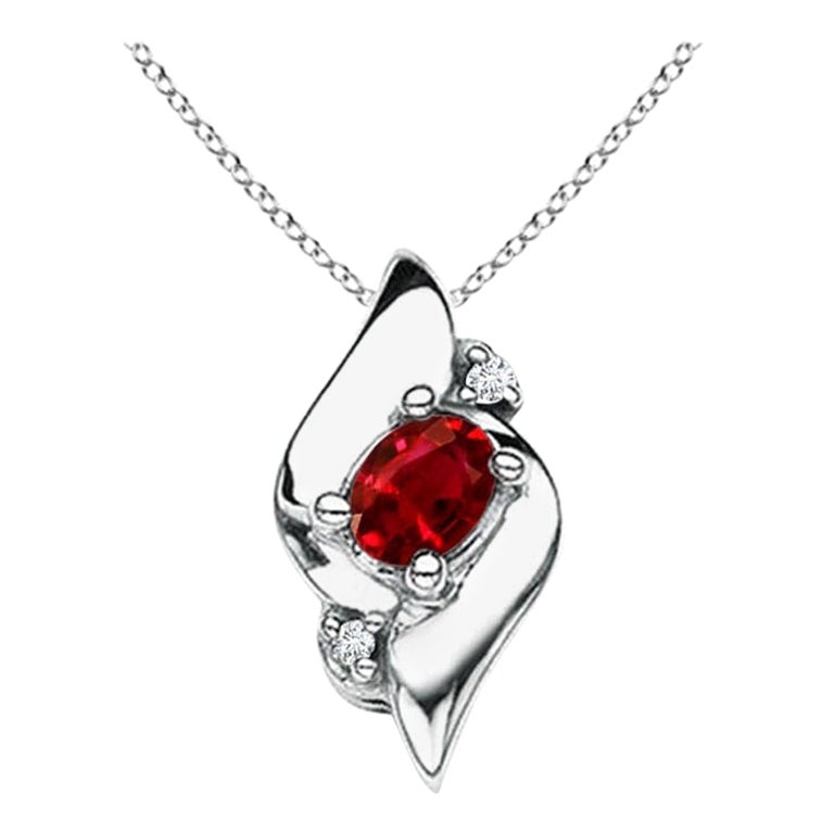 Natural Oval Ruby and Diamond Pendant in Platinum (Size-4x3mm) For Sale